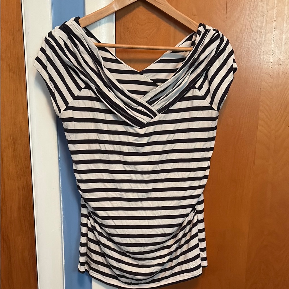 White House Black Market Asymmetrical Ruched Blouse Black and White